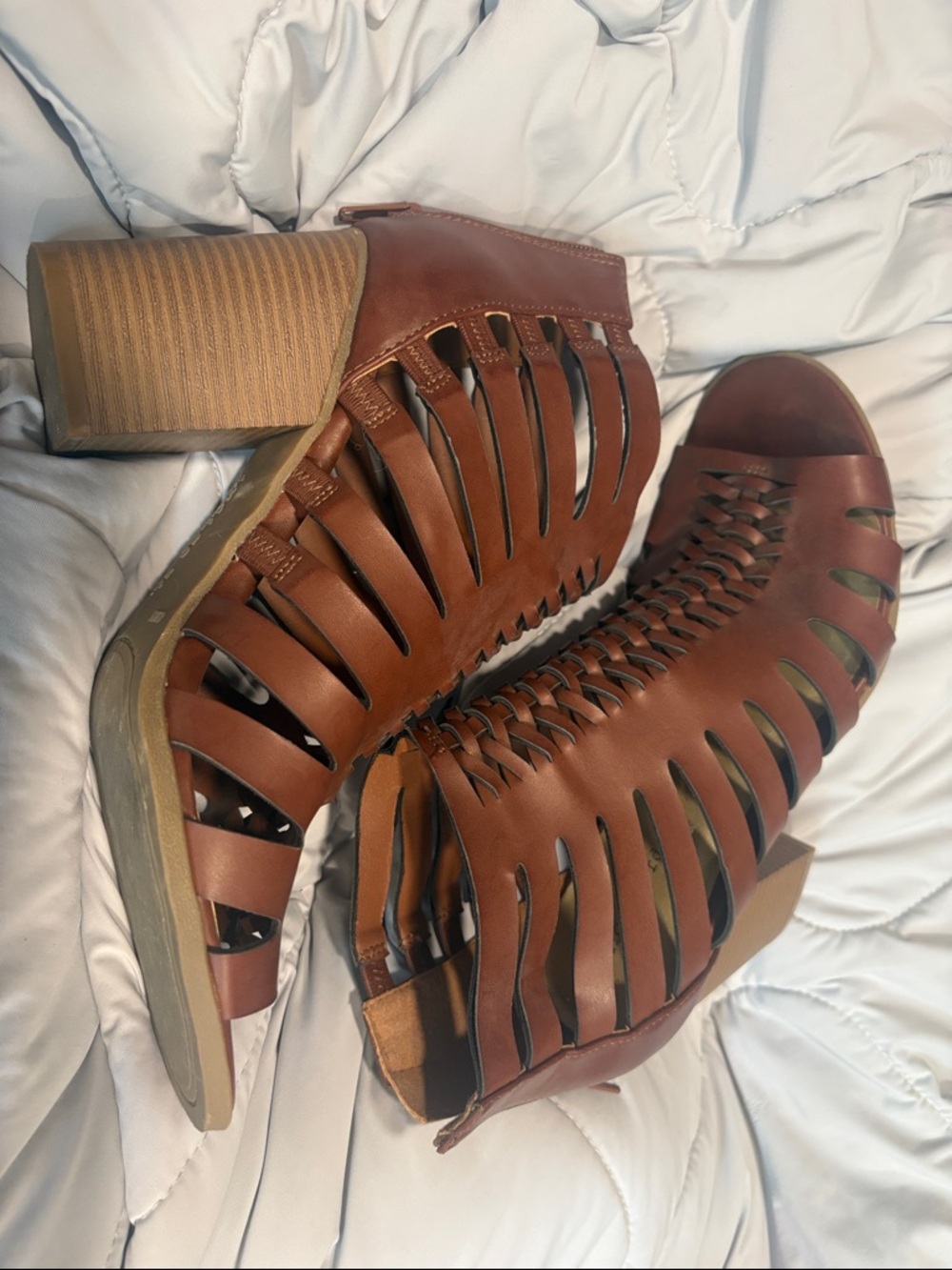 Indigo Cognac Cutout Block Heel Sandals